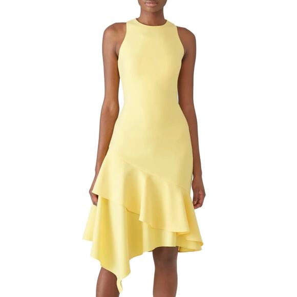 Theia Dress Womens 4 Yellow Lemon Ruffle Hem Crepe Asymmetrical Sheath - Picture 1 of 10